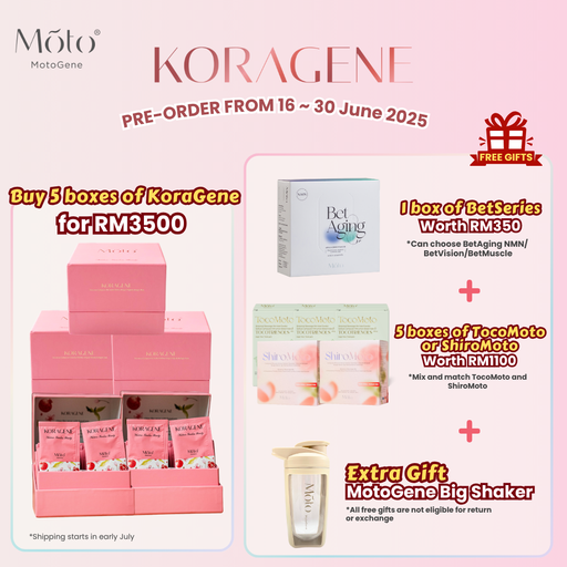 Pre-order Buy 5 boxes KoraGene Free 1 box BetSeries + 5 boxes ShiroMoto or TocoMoto + MotoGene Big Shaker